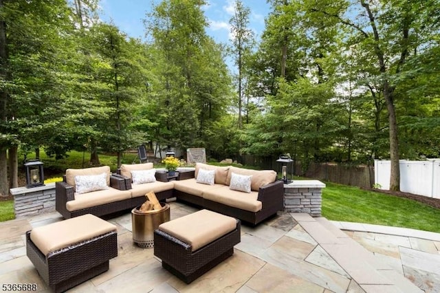6 Wyckoff Way, Morris Plains Boro, NJ 07950 - fenced backyard featuring a patio area and an outdoor living space with a fire pit