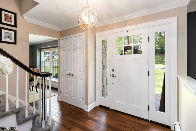 6 Wyckoff Way, Morris Plains Boro, NJ 07950 - foyer entrance with crown molding, stairway, dark wood-style flooring, a chandelier, and baseboard heating