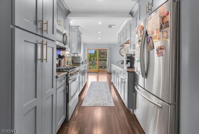 23 Brookside Ave, Hawthorne Boro, NJ 07506 - kitchen featuring appliances with stainless steel finishes, dark wood-style floors, recessed lighting, gray cabinets, and light countertops
