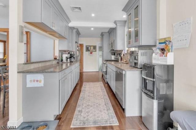 23 Brookside Ave, Hawthorne Boro, NJ 07506 - kitchen with wood finished floors, appliances with stainless steel finishes, gray cabinets, and recessed lighting
