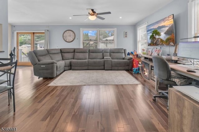 23 Brookside Ave, Hawthorne Boro, NJ 07506 - living area featuring a ceiling fan, a desk, wood finished floors, healthy amount of natural light, and recessed lighting