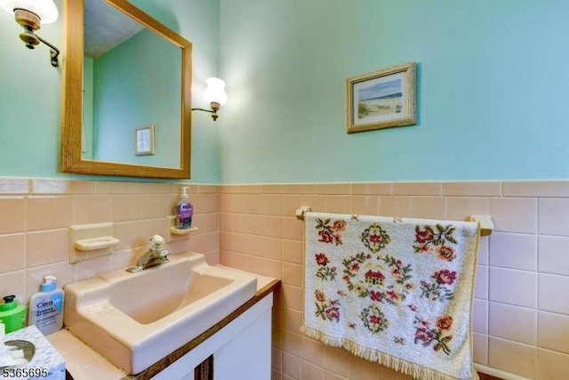 508 Stony Brook Dr, Bridgewater Twp, NJ 08807 - bathroom with tile walls, vanity, and a wainscoted wall
