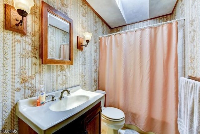 508 Stony Brook Dr, Bridgewater Twp, NJ 08807 - bathroom featuring wallpapered walls, vanity, and a shower with curtain