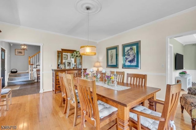 6 White Rd, Raritan Twp, NJ 08822 - dining space with stairs, light wood-type flooring, and crown molding