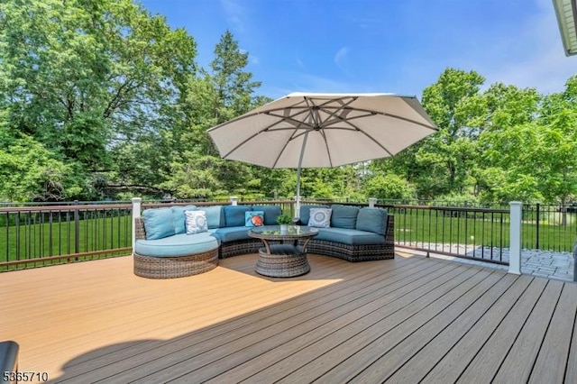 6 White Rd, Raritan Twp, NJ 08822 - wooden deck featuring an outdoor hangout area, a lawn, and view of wooded area