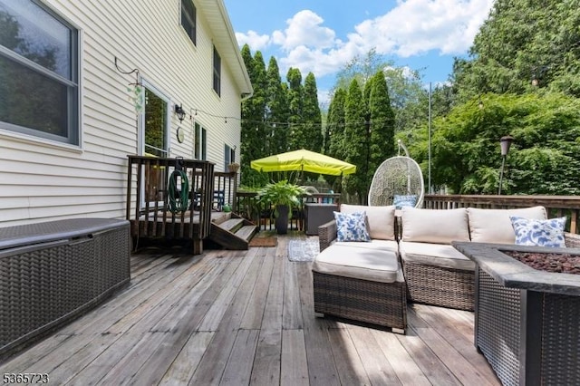 825 Odonnell Ave, Scotch Plains Twp, NJ 07076 - wooden deck with an outdoor living space with a fire pit and view of wooded area