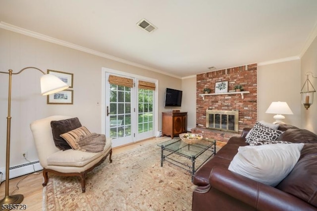 73 Garden Ave, Chatham Boro, NJ 07928 - living area with crown molding, wood finished floors, baseboard heating, and a fireplace