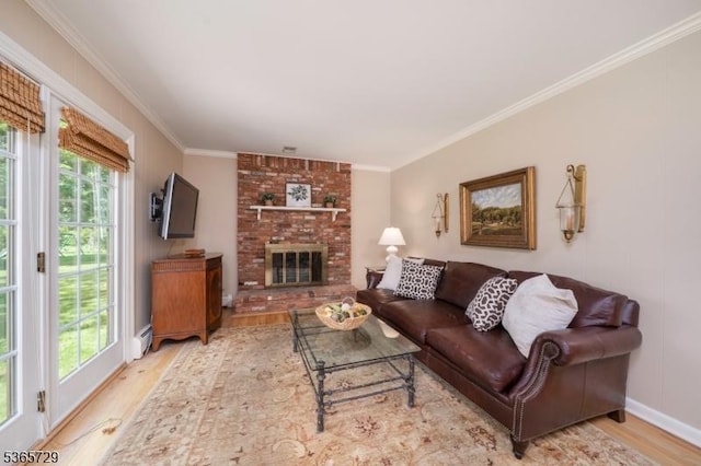 73 Garden Ave, Chatham Boro, NJ 07928 - living room featuring wood finished floors, baseboard heating, crown molding, and a fireplace