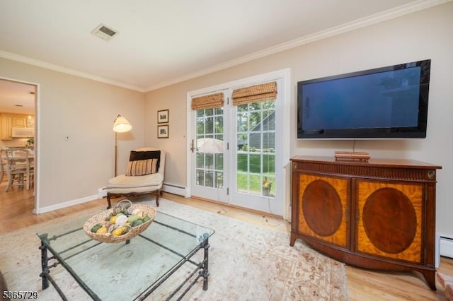 73 Garden Ave, Chatham Boro, NJ 07928 - living room with wood finished floors, ornamental molding, and a baseboard radiator