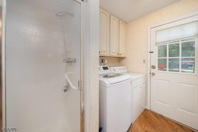 73 Garden Ave, Chatham Boro, NJ 07928 - laundry area with separate washer and dryer, cabinet space, and light wood-style flooring