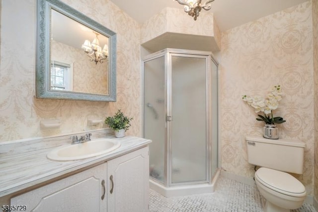 73 Garden Ave, Chatham Boro, NJ 07928 - full bathroom featuring wallpapered walls, a chandelier, vanity, a shower stall, and tile patterned floors