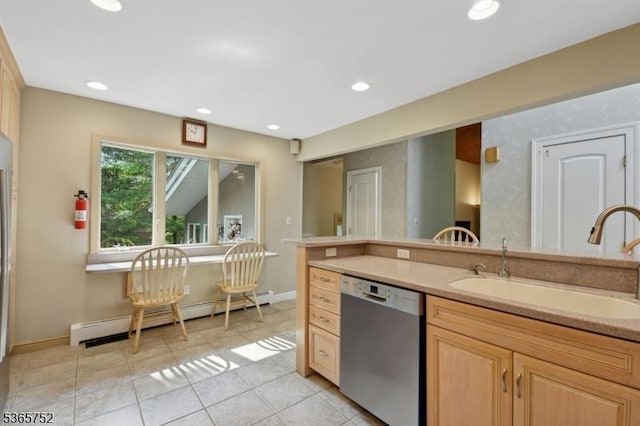 11 Rising Ridge Rd, Upper Saddle River Boro, NJ 07458 - kitchen featuring stainless steel dishwasher, baseboard heating, light brown cabinetry, light tile patterned flooring, and recessed lighting