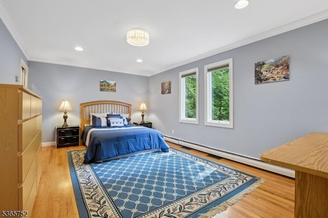 11 Rising Ridge Rd, Upper Saddle River Boro, NJ 07458 - bedroom featuring crown molding, baseboard heating, light wood-style flooring, and recessed lighting