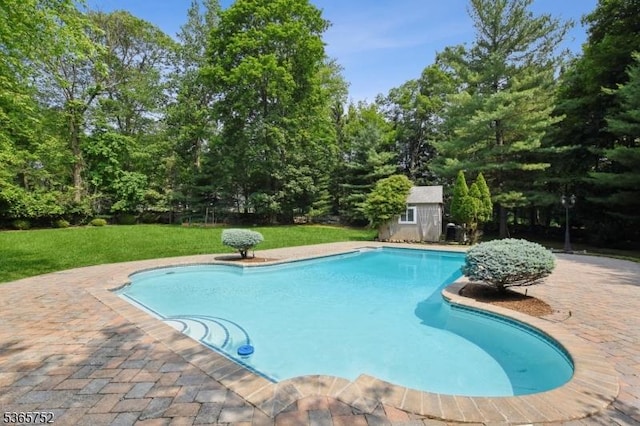 11 Rising Ridge Rd, Upper Saddle River Boro, NJ 07458 - swimming pool with a storage shed, a lawn, and a patio area