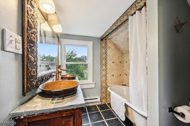 210 Baldwin St, Glen Ridge Boro Twp, NJ 07028 - bathroom with a baseboard heating unit, vanity, and shower / bath combination with curtain