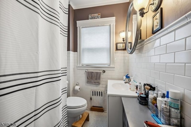 210 Baldwin St, Glen Ridge Boro Twp, NJ 07028 - full bath with radiator, vanity, tile walls, ornamental molding, and curtained shower