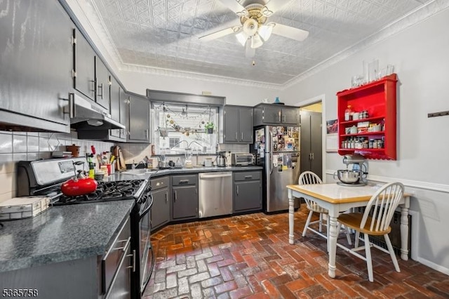 210 Baldwin St, Glen Ridge Boro Twp, NJ 07028 - kitchen with appliances with stainless steel finishes, dark countertops, a ceiling fan, crown molding, and an ornate ceiling