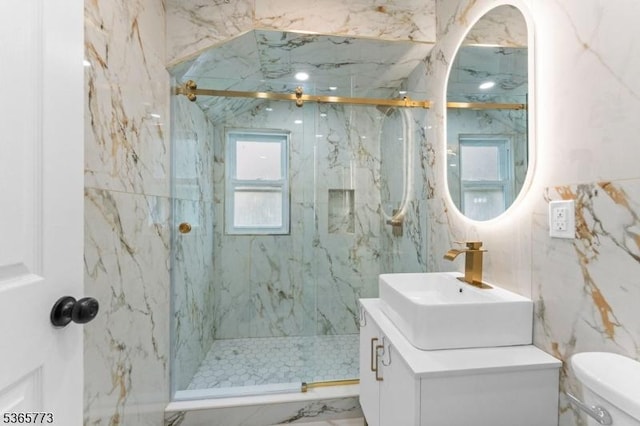 1837 Barnett St, Rahway City, NJ 07065 - full bathroom featuring vanity, a marble finish shower, and tile walls