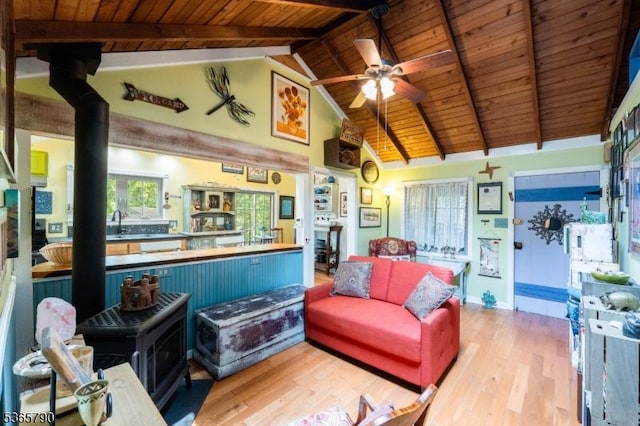 3 Maple Rd, Vernon Twp, NJ 07461 - living room featuring a wood ceiling with exposed beams, wood finished floors, ceiling fan, and high vaulted ceiling