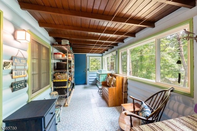 3 Maple Rd, Vernon Twp, NJ 07461 - sunroom featuring speckled floor and a wood ceiling with exposed beams