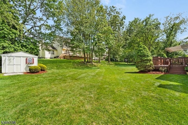 12 Autumn Dr, Mine Hill Twp, NJ 07803 - view of green lawn with a storage unit and a deck