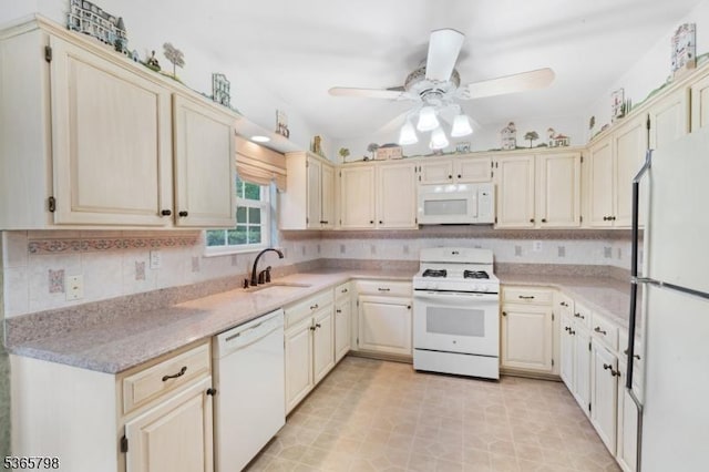 12 Autumn Dr, Mine Hill Twp, NJ 07803 - kitchen featuring white appliances, a ceiling fan, cream cabinets, and tasteful backsplash