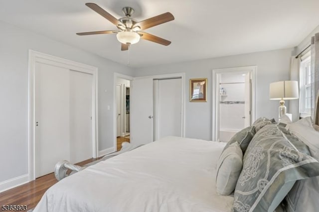 95 Harrison Ave, North Plainfield Boro, NJ 07060 - bedroom with multiple closets, wood finished floors, ceiling fan, and ensuite bathroom