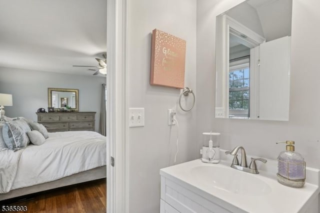 95 Harrison Ave, North Plainfield Boro, NJ 07060 - bathroom with vanity, a ceiling fan, and wood finished floors