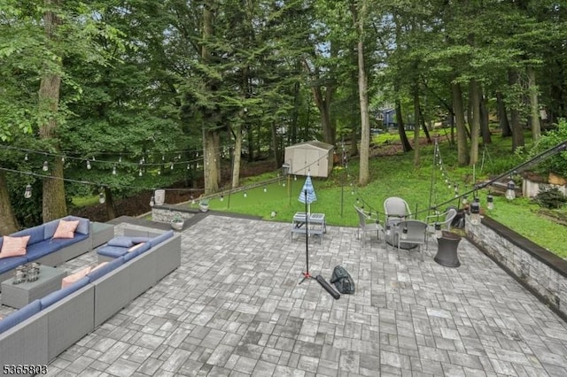 95 Harrison Ave, North Plainfield Boro, NJ 07060 - view of patio featuring a shed, outdoor lounge area, and view of scattered trees