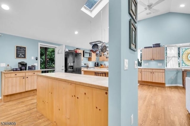 9 Mueller Ln, Franklin Twp, NJ 07882 - kitchen with appliances with stainless steel finishes, light brown cabinetry, a skylight, light wood-type flooring, and recessed lighting
