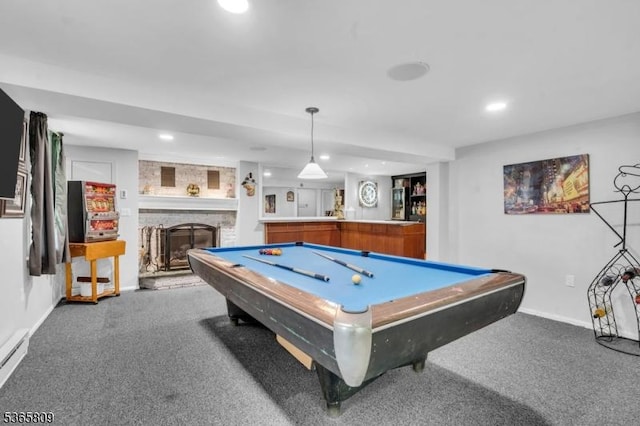 9 Mueller Ln, Franklin Twp, NJ 07882 - rec room featuring carpet flooring, a fireplace with raised hearth, recessed lighting, billiards, and a baseboard radiator