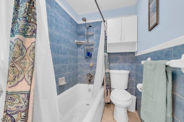 9 Mueller Ln, Franklin Twp, NJ 07882 - bathroom featuring shower / tub combo, tile walls, tile patterned floors, and wainscoting