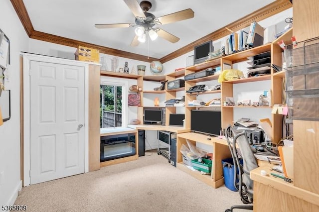 9 Mueller Ln, Franklin Twp, NJ 07882 - carpeted home office with crown molding, a ceiling fan, and built in study area
