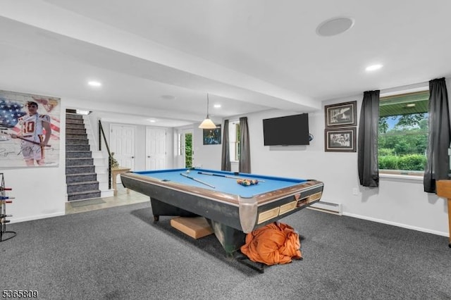 9 Mueller Ln, Franklin Twp, NJ 07882 - game room with billiards, a baseboard heating unit, recessed lighting, and healthy amount of natural light