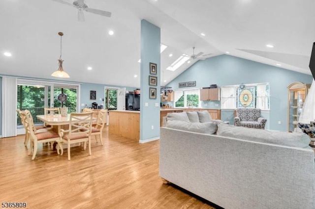9 Mueller Ln, Franklin Twp, NJ 07882 - living area with a ceiling fan, light wood-style flooring, high vaulted ceiling, and recessed lighting