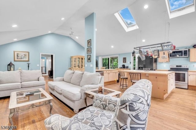 9 Mueller Ln, Franklin Twp, NJ 07882 - living room with a skylight, high vaulted ceiling, light wood-style flooring, and recessed lighting