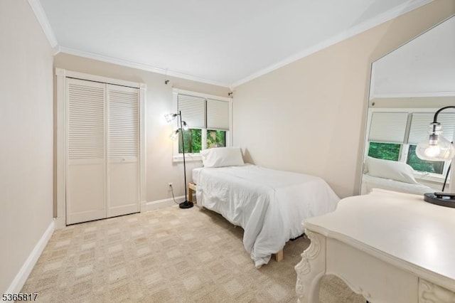 605 E Brookside Ln, Hillsborough Twp, NJ 08844 - bedroom featuring ornamental molding, light carpet, and a closet