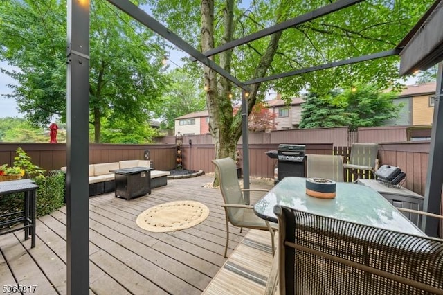 605 E Brookside Ln, Hillsborough Twp, NJ 08844 - wooden deck featuring grilling area, a fenced backyard, outdoor dining area, and outdoor lounge area