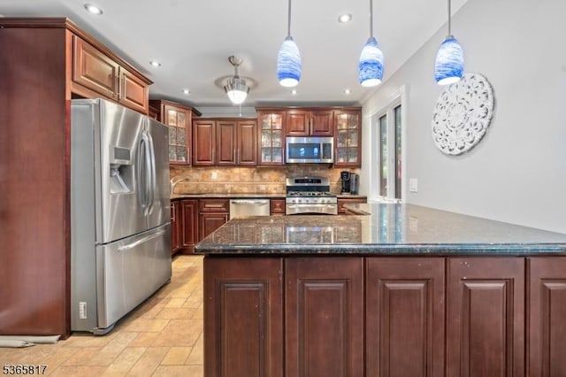 605 E Brookside Ln, Hillsborough Twp, NJ 08844 - kitchen with appliances with stainless steel finishes, recessed lighting, tasteful backsplash, stone tile floors, and decorative light fixtures