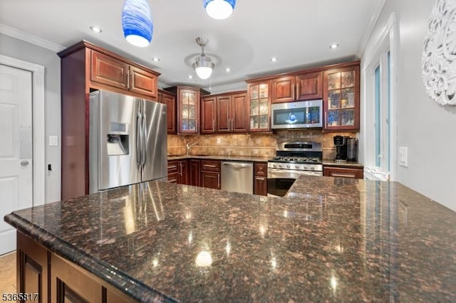 605 E Brookside Ln, Hillsborough Twp, NJ 08844 - kitchen with stainless steel appliances, ornamental molding, tasteful backsplash, recessed lighting, and glass insert cabinets