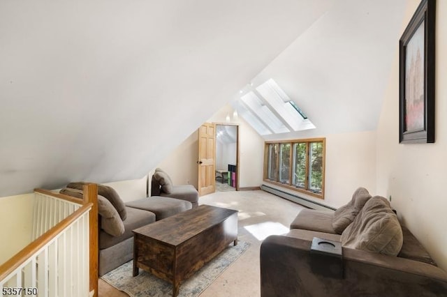 134 Milton Rd, Sparta Twp, NJ 07871 - living area with a baseboard heating unit, a skylight, vaulted ceiling, and light colored carpet