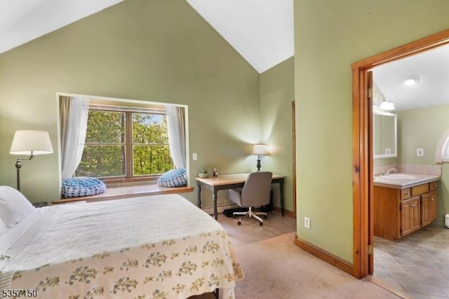 134 Milton Rd, Sparta Twp, NJ 07871 - bedroom with high vaulted ceiling, a desk, ensuite bathroom, and a baseboard radiator