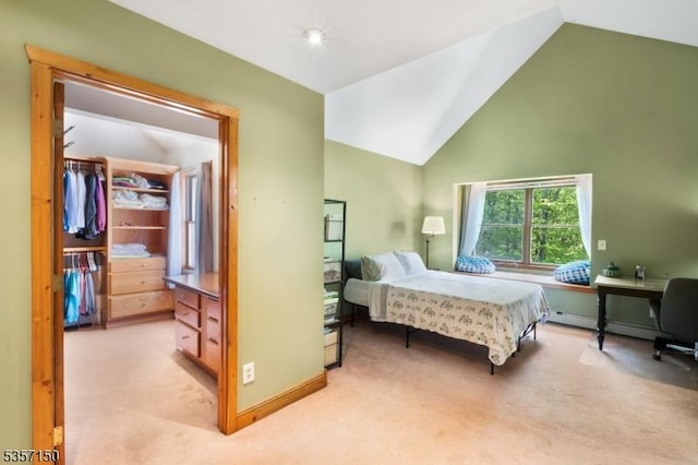 134 Milton Rd, Sparta Twp, NJ 07871 - bedroom featuring light colored carpet, baseboard heating, high vaulted ceiling, a spacious closet, and a desk