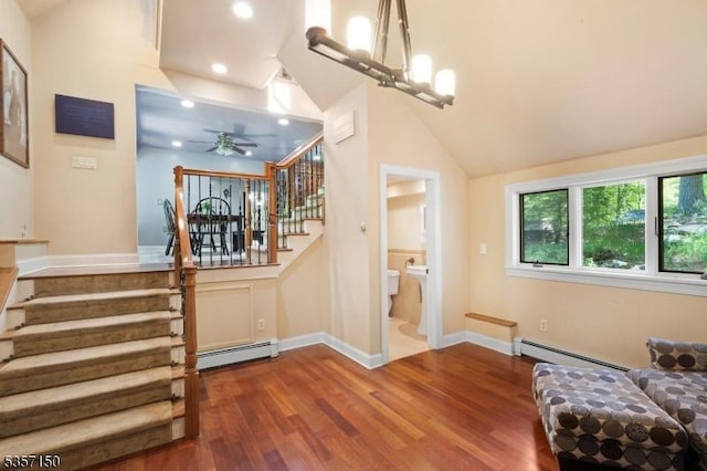 134 Milton Rd, Sparta Twp, NJ 07871 - stairway with a baseboard radiator, wood finished floors, recessed lighting, a ceiling fan, and lofted ceiling