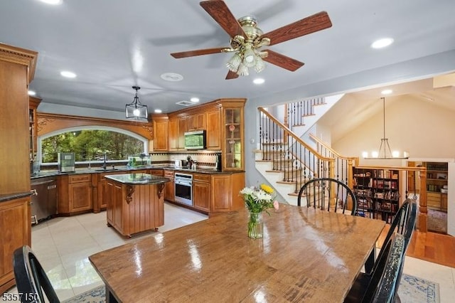 134 Milton Rd, Sparta Twp, NJ 07871 - dining room with stairway, a ceiling fan, a chandelier, recessed lighting, and light tile patterned floors