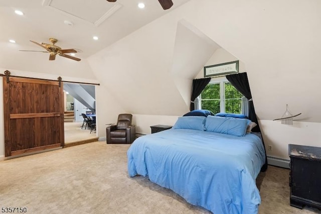 134 Milton Rd, Sparta Twp, NJ 07871 - bedroom with vaulted ceiling, a baseboard radiator, carpet floors, recessed lighting, and ceiling fan
