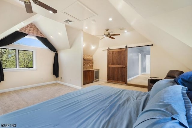 134 Milton Rd, Sparta Twp, NJ 07871 - bedroom with light carpet, vaulted ceiling, a barn door, a ceiling fan, and wine cooler