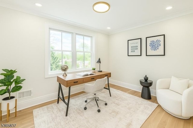 157 Meyersville Rd, Chatham Twp, NJ 07928 - home office with light wood-style flooring and ornamental molding
