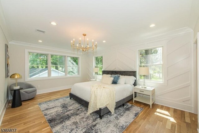 157 Meyersville Rd, Chatham Twp, NJ 07928 - bedroom featuring crown molding, multiple windows, a chandelier, light wood-type flooring, and recessed lighting