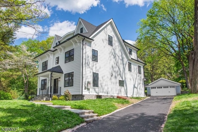 157 Meyersville Rd, Chatham Twp, NJ 07928 - view of front of property with an outdoor structure, a garage, and a front lawn